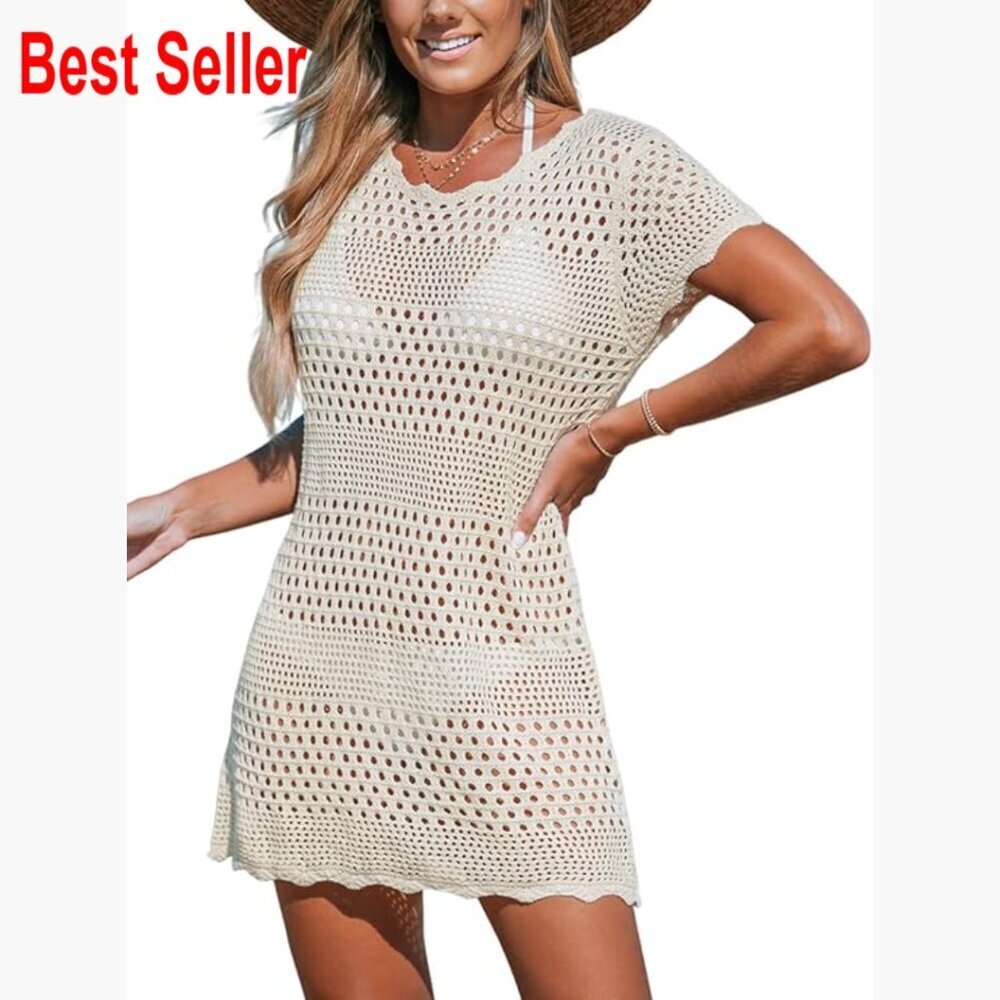 Crochet Coverup Pullover Beach Dress with Hollow Out Design